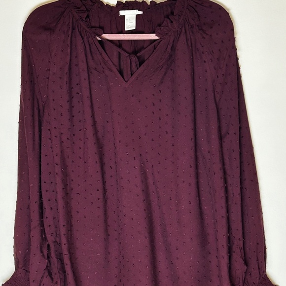 Burgundy H&M Clip Dot Tie Front Long Sleeve Blouse with Ruffled sleeves Size 6 - Picture 1 of 4